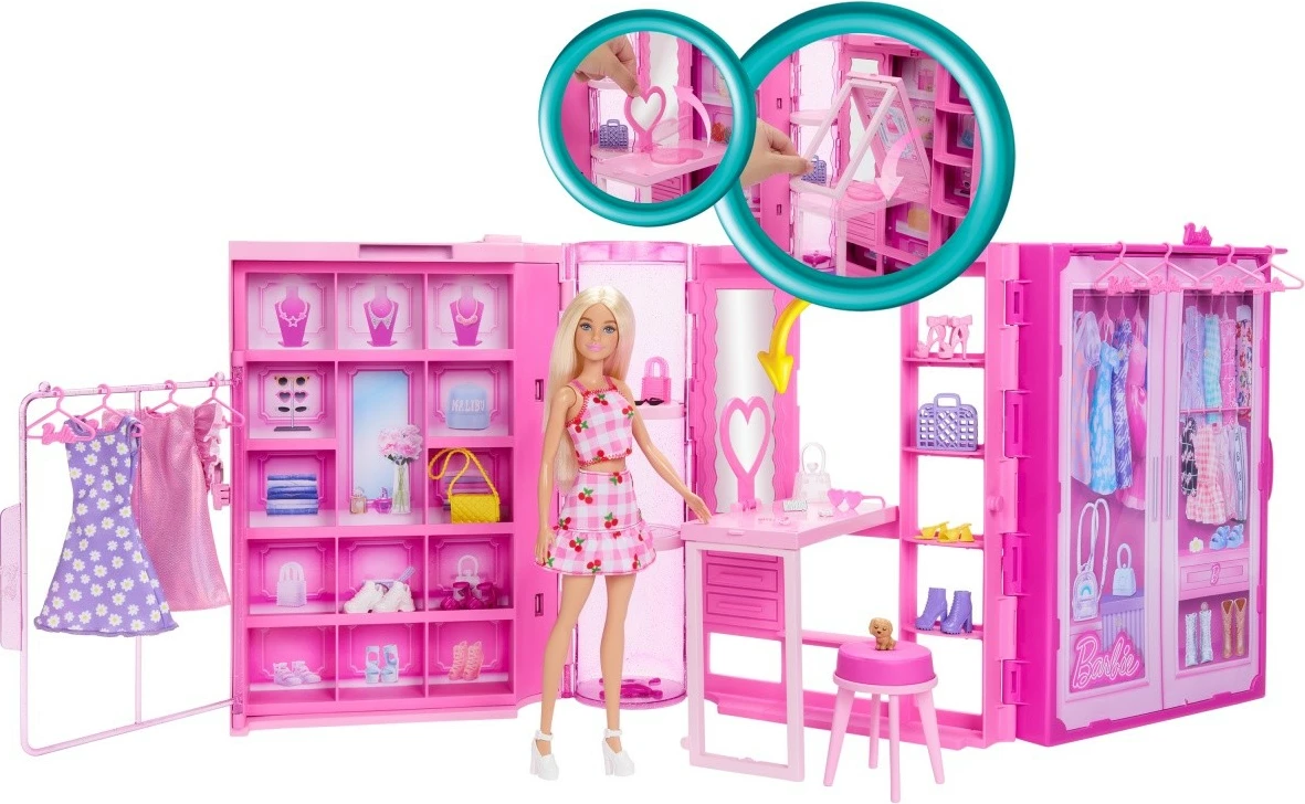 Set lodrash Barbie Dream Closet 3.0 me kukull, rroba dhe aksesorë, rozë