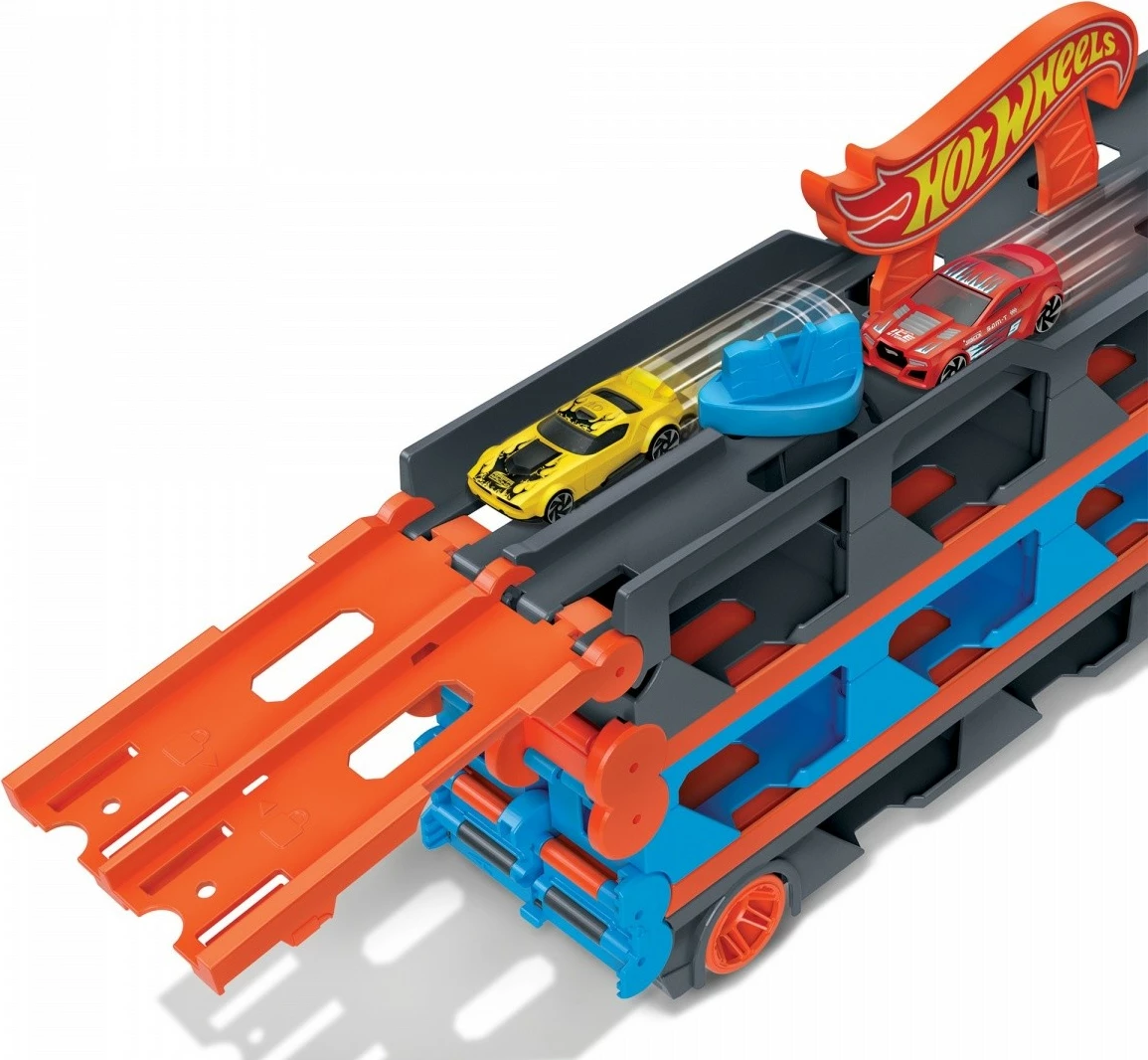 Kamion lodër Hot Wheels Race Transporter 2-in-1 me 3 makina, kaltër/hiri/portokalli