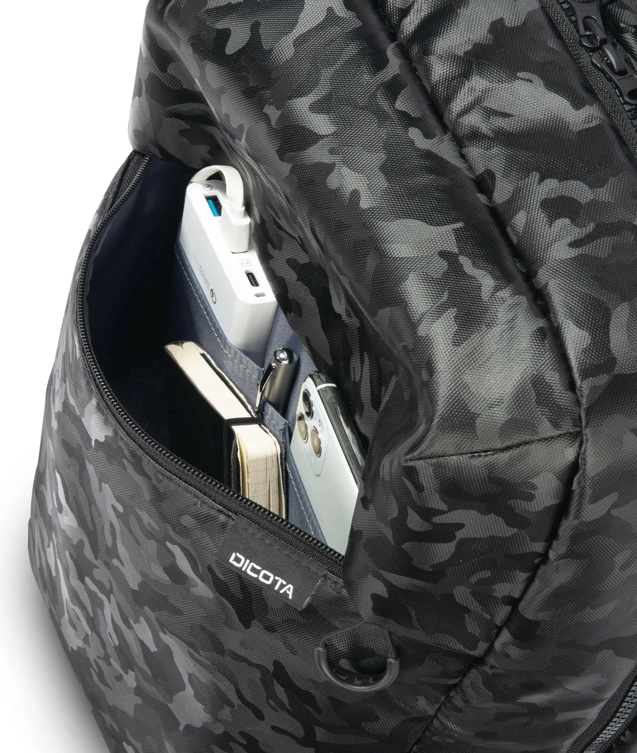 Çantë shpine DICOTA D32126, 16", xhepa të jashtëm, poliestër, kamuflazh