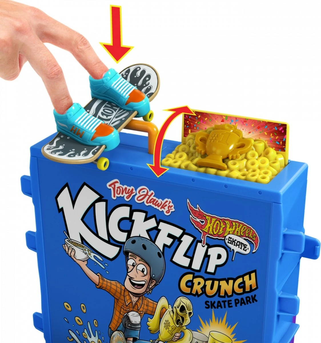Set lodrash Hot Wheels Tony Hawk Skate Breakfast Ramp me finger skateboard dhe këpucë gishti, Multicolour