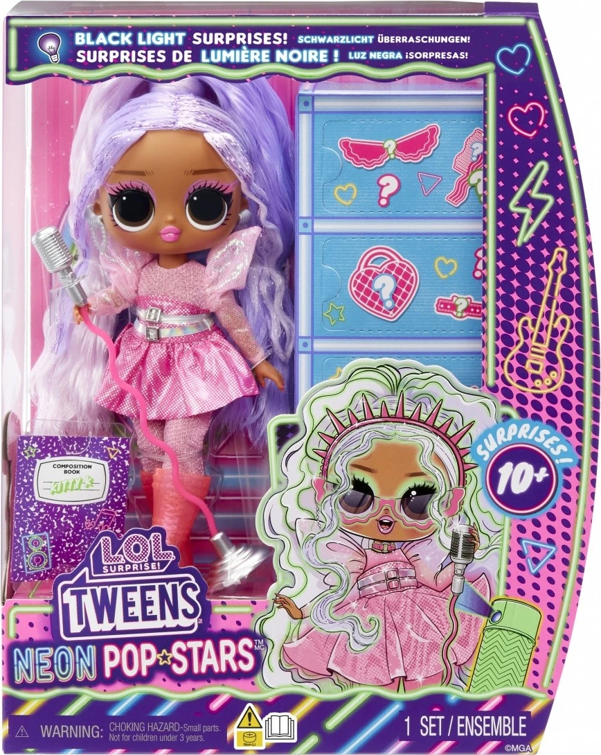 Kukull L.O.L. Surprise Tweens Neon Pop Stars Kitty K me aksesorë, Rozë/Vjollcë