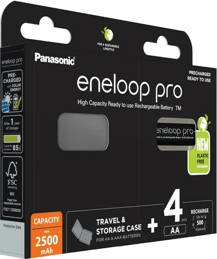 Bateri të rikarikueshme Panasonic Eneloop Pro AA 2500 mAh, 4 copë me kuti, Zezë