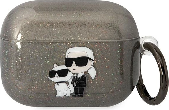 Mbështjellës Karl Lagerfeld KLAPHNKCTGK për AirPods Pro, Glitter Karl&Choupette, i zi, me unazë
