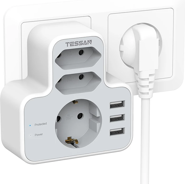 Adapter muri Tessan TS-327, 6 porta, 3x USB-A, 2x Euro, 1x Schuko, Mbrojtje nga mbingarkesa, Bardhë