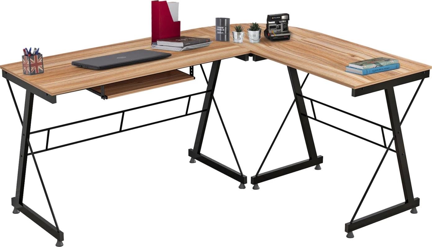 Tavolinë për zyre, qoshe, ngjyrë arre, me kornizë metalike, FH2127.02, 158Χ120Χ74 cm