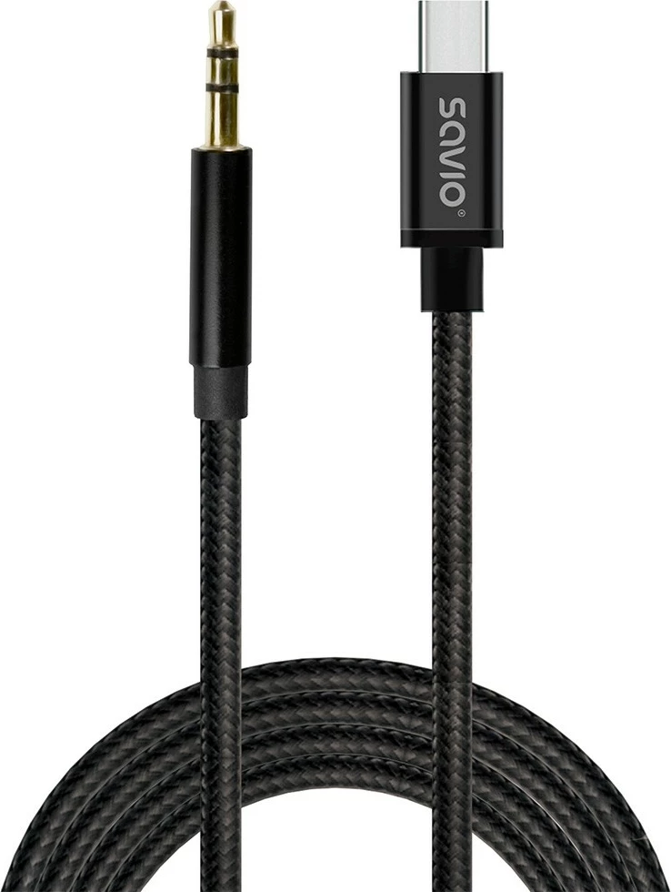 Kabllo audio Savio CL-187, USB-C në mini-jack 3.5mm, 1m, e zezë