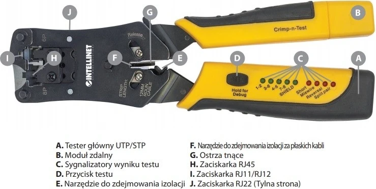 Vegla profesionale Intellinet 780124 për shtypjen e prizave RJ dhe testimin e kabllove