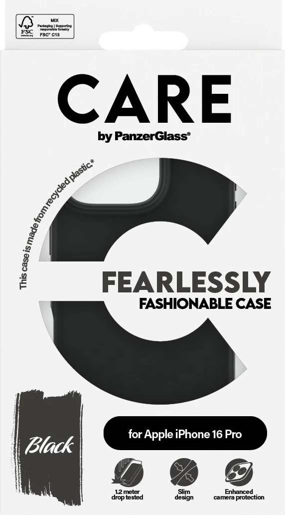 Mbështjellës PanzerGlass CARE Case Fashion iPhone 16 Pro, silikon, i zi