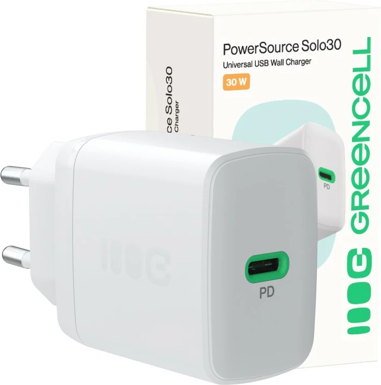 Karikues muri USB-C 30W PD 1x port, Green Cell, PowerSource Solo30 CHARB-GC-30C-W, i bardhë