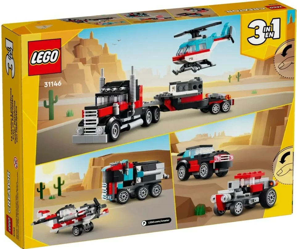 Set lodrash LEGO Creator 3-në-1, 31146, kamion me platformë dhe helikopter, 270 pjesë