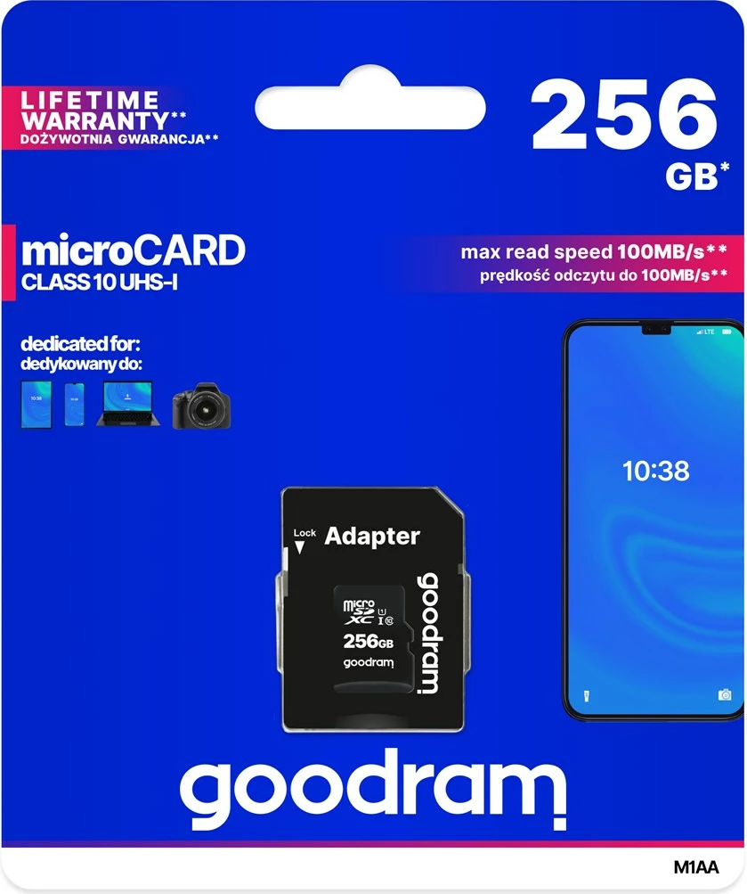 Kartelë memorie MicroSDXC Goodram M1AA, 256 GB, me adapter, e zezë