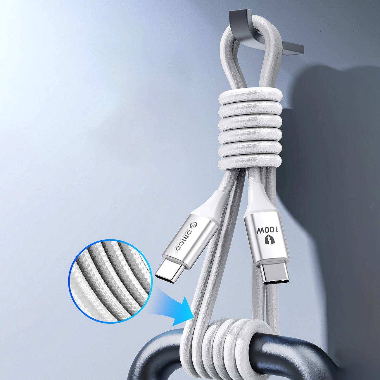 Kabllo Orico CDX USB-C në USB-C, 1m, 100W, 5A, Bardhë