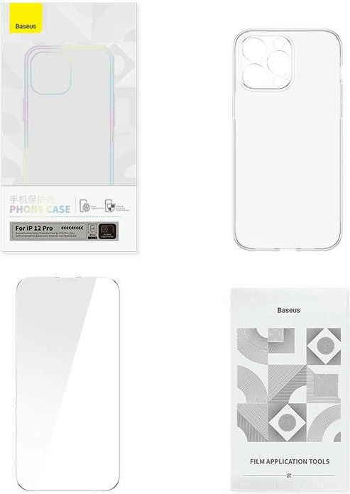 Mbështjellës transparent me xham të temperuar Baseus Corning për iPhone 12 Pro, Set