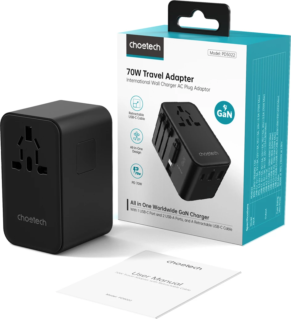 Adapter udhëtimi Choetech PD5022 me karikues 70W, 4 porta, USB-C/USB-A, i zi
