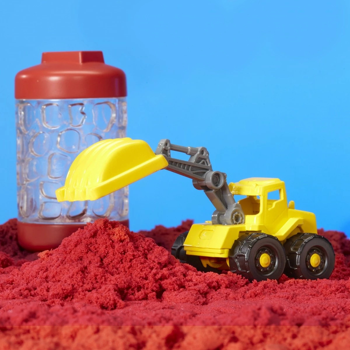 Set lodrash me rërë kinetike Wonder Factory Never Dry Sand Trucks, MGA, ekskavator, plastik, e kuqe