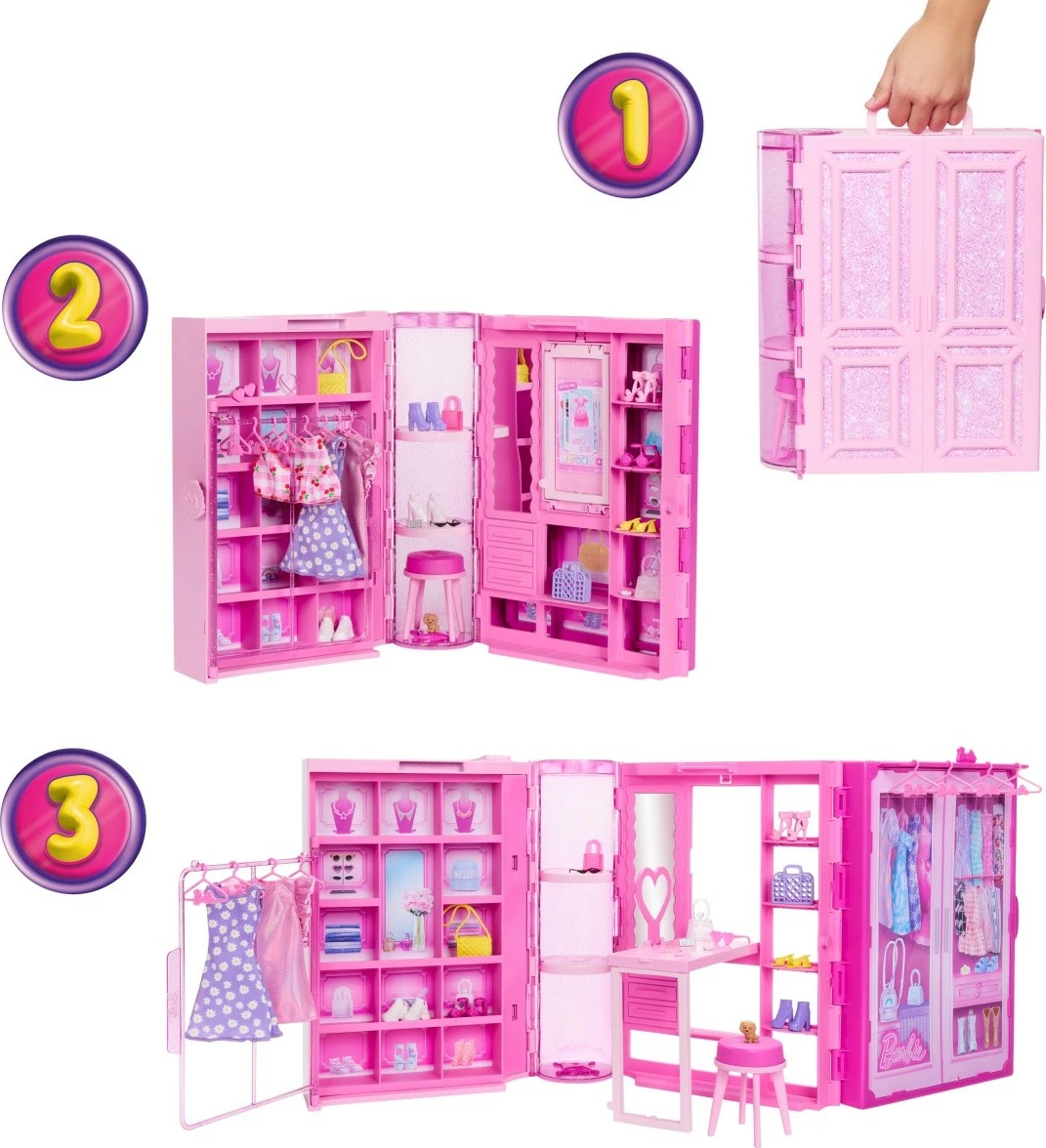 Set lodrash Barbie Dream Closet 3.0 me kukull, rroba dhe aksesorë, rozë