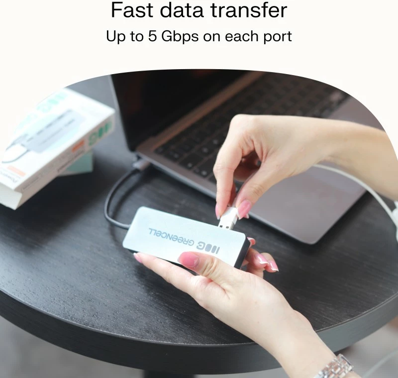 HUB USB-C, Green Cell, HUB-GC-C4A, 4x USB-A 3.0 deri 5 Gb/s, kabllo e integruar 15 cm, argjendtë/zezë