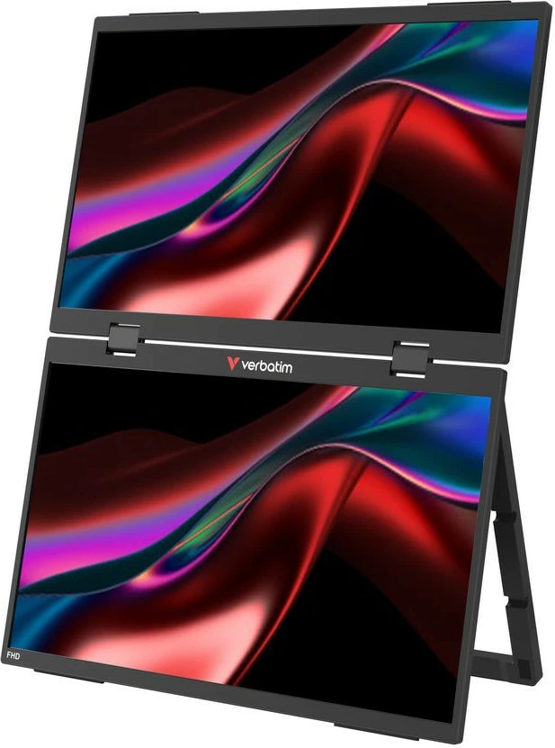 Monitor portabël me prekje dual, Verbatim, GMVE32403PLG, 2x 15.6" Full HD 60Hz IPS, altoparlantë të integruar, VESA 75, i zi
