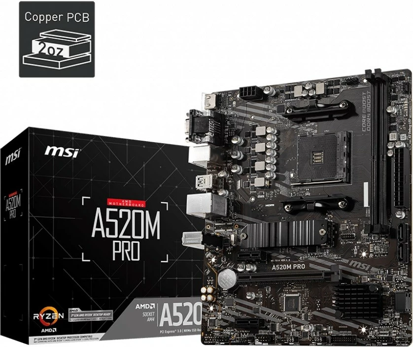 Pllakë amë MSI A520M PRO, Socket AM4, mATX, 2x DDR4, HDMI, DP, VGA, USB 3.2, E zezë