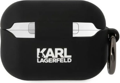 Mbështjellës Karl Lagerfeld për AirPods Pro 2, silikon, i zi, me unazë