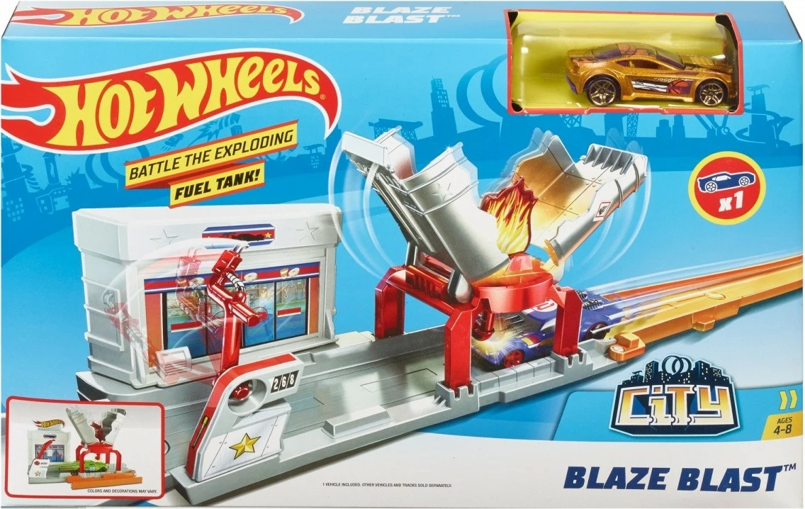 Set lodrash Hot Wheels Blaze Blast, me veturë lodër, plastikë, gri/portokalli/e kuqe
