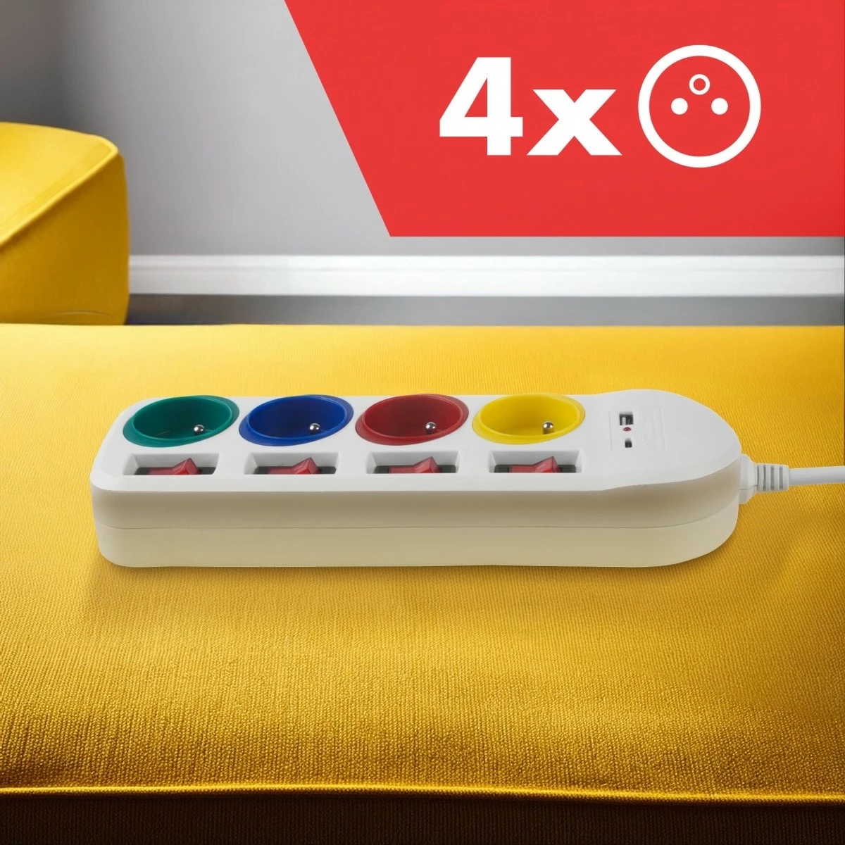 Listë zgjatjeje Maclean MCE508 W, 4 prizë, 1.5m, 2x USB, Bardhë