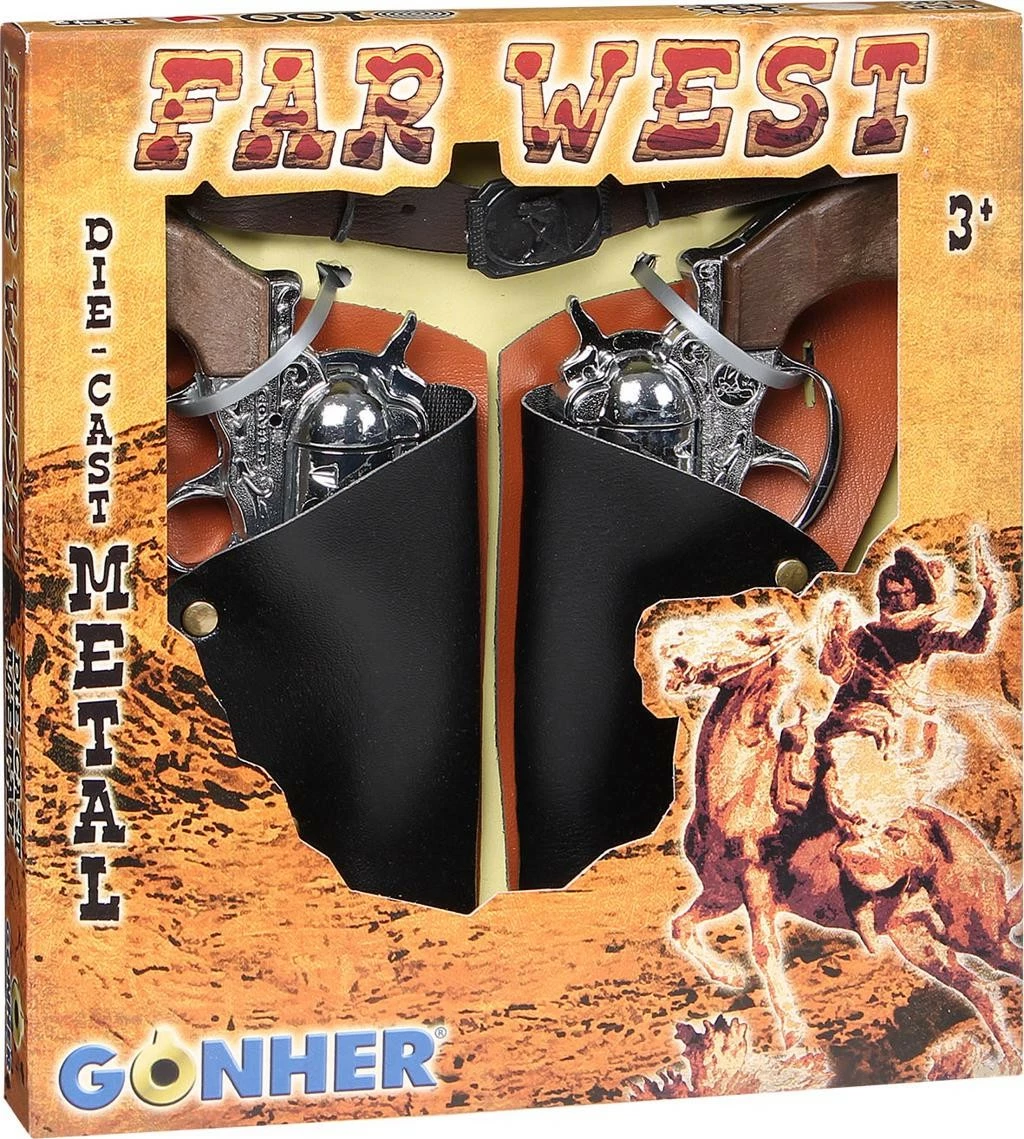 Set cowboy me 2 revolverë lodër Pulio Gonher me rrip, për djem, Ngjyrë e zezë/kafe/argjend
