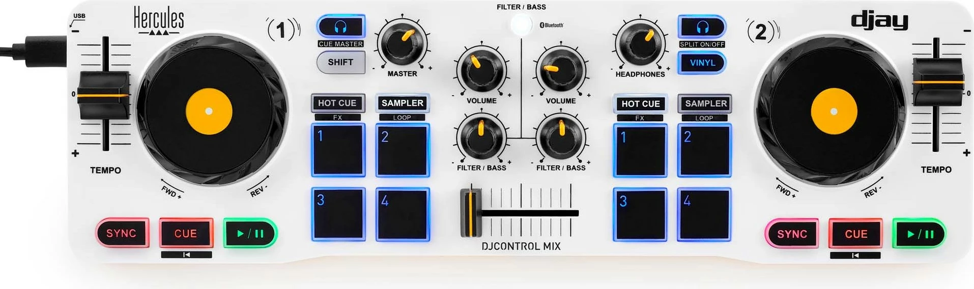 Kontroller DJ Hercules DJControl Mix, USB, Bluetooth, bardhë/zezë/verdhe