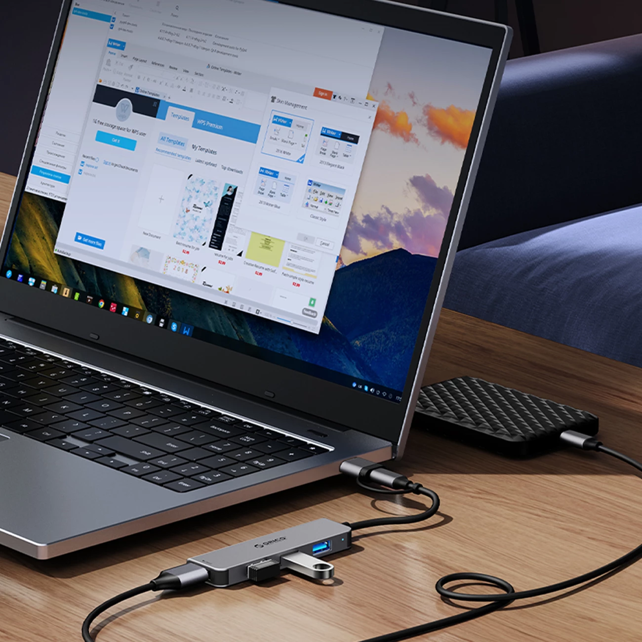 Kasë Orico YSA5-U3, 4 porta USB (3x USB-A 2.0, 1x USB-A 3.0), kabllo 2-në-1 USB-C/USB-A, Gri