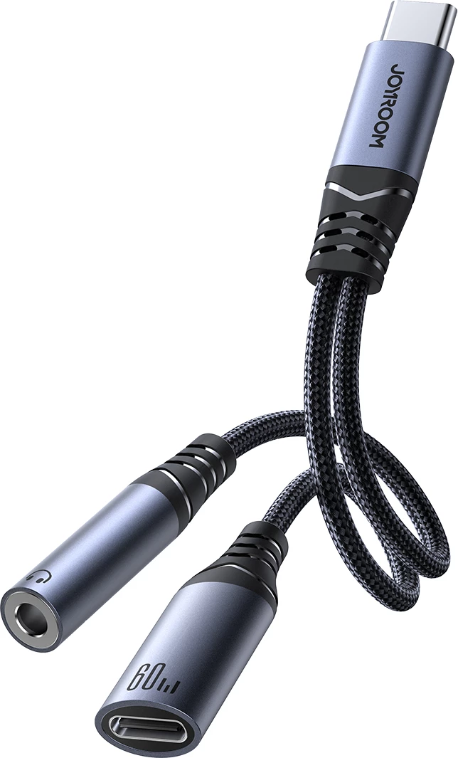 Adapter 2-në-1 Joyroom SY-C02, USB-C në USB-C/3.5mm mini jack, i zi
