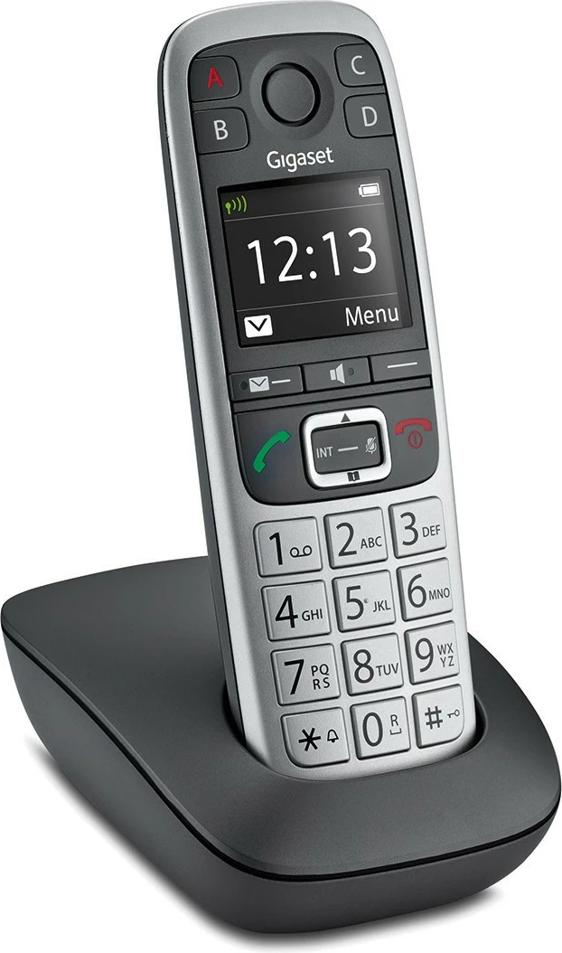 Telefon pa tela Gigaset E560, analog/DECT, 150 kontakte, regjistrues, zi/argjendtë