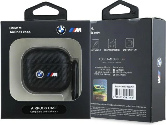 Mbështjellës BMW Carbon Double Metal Logo për AirPods 4, i zi