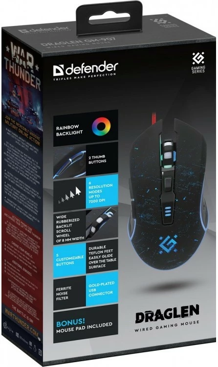 Maus gaming Defender DRAGLEN GM-907, 7200 DPI, me kabllo, RGB, i zi, me mauspad