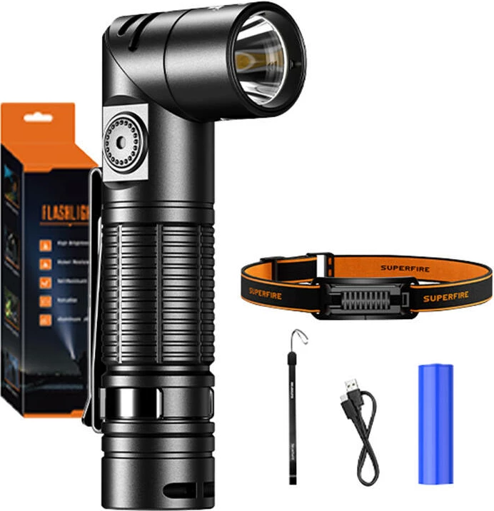 Dritë dore Superfire G19-S, LED, 800 mAh, USB-C, e zezë, me rrip koke