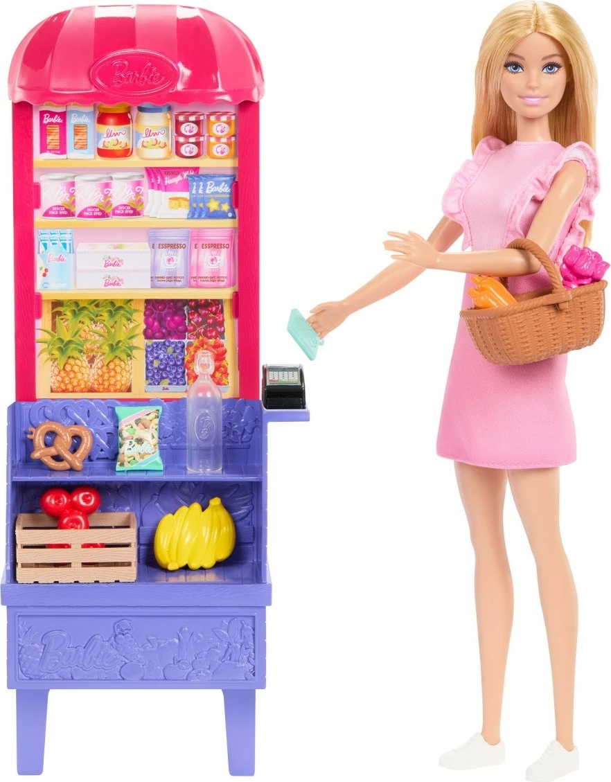 Set lodrash Barbie Mattel JCT05, Malibu Doll Shopping, me stendë dyqani dhe aksesorë, rozë