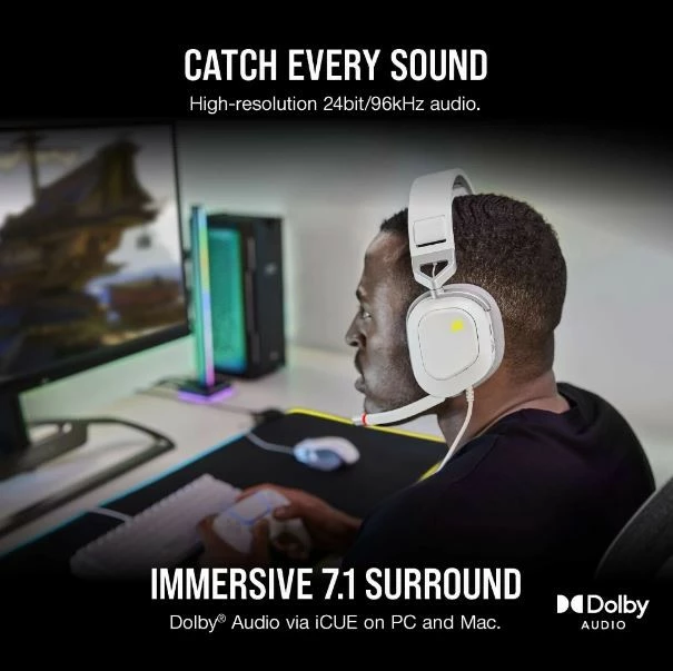 Kufje Corsair HS80 RGB USB me mikrofon, për gaming, të bardha