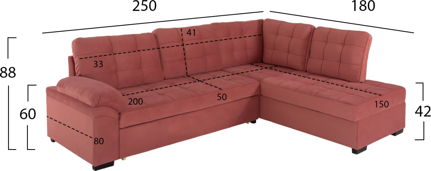 Kënd divan shtrat JADE FH3144.03R kadife rozë e zbehtë 250x80-180x73-88H cm