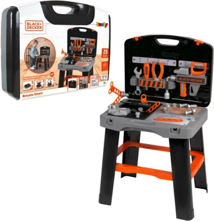Punëtori lodër Smoby B+D Workshop Bricolo Smart, me 33 aksesorë, për djem, zi/gri/portokalli