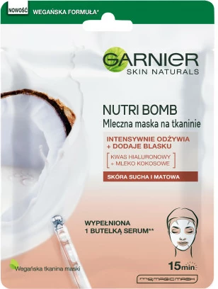 Maskë pëlhure për fytyrë Garnier Nutri Bomb Milk Mask për femra, 28g