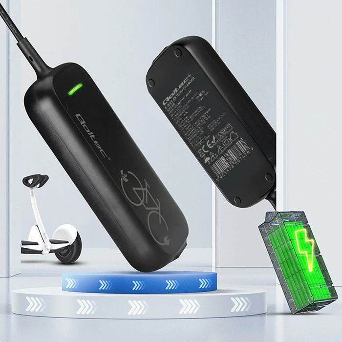 Karikues për biçikletë elektrike, Qoltec, 50762, 42V 2A 84W për bateri 36V Li-ion, prizë Bosch, IP54, me kabllo rryme, i zi