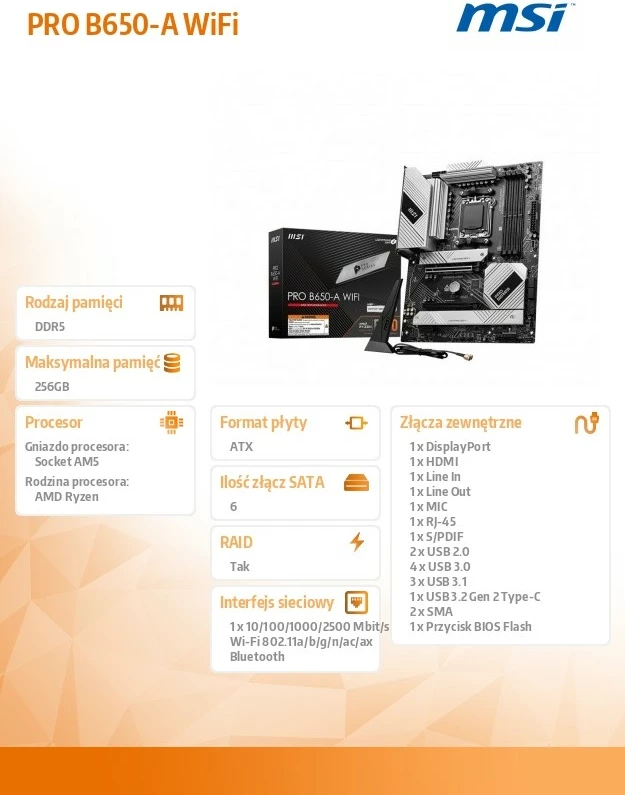 Pllakë amë MSI PRO B650-A WIFI, Socket AM5, DDR5, ATX, e zezë