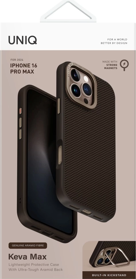 Mbështjellës UNIQ Keva Max Magclick me mbajtëse kamere për iPhone 16 Pro Max, Kafe