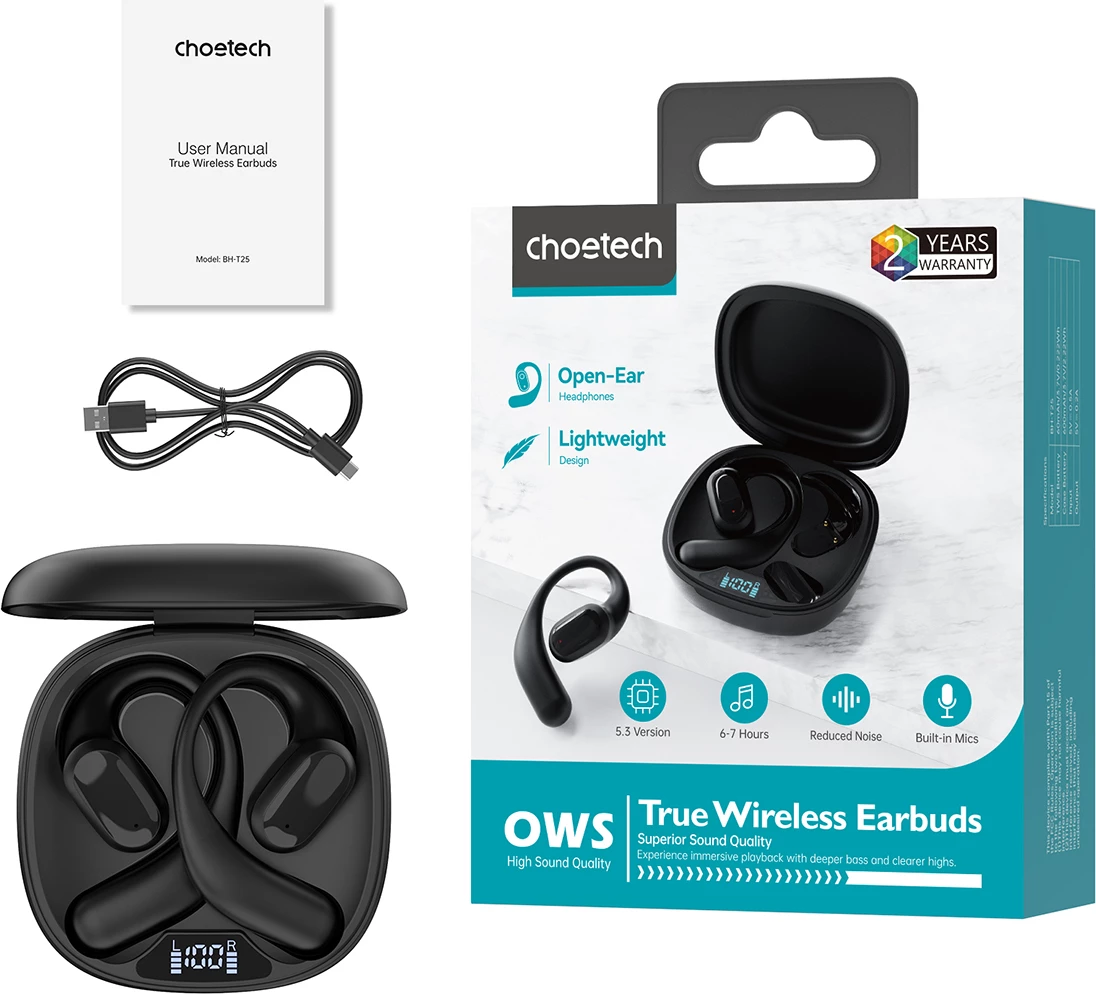 Kufje TWS Choetech OWS BH-T25-BK, Bluetooth 5.3, me ekran LED, të zeza