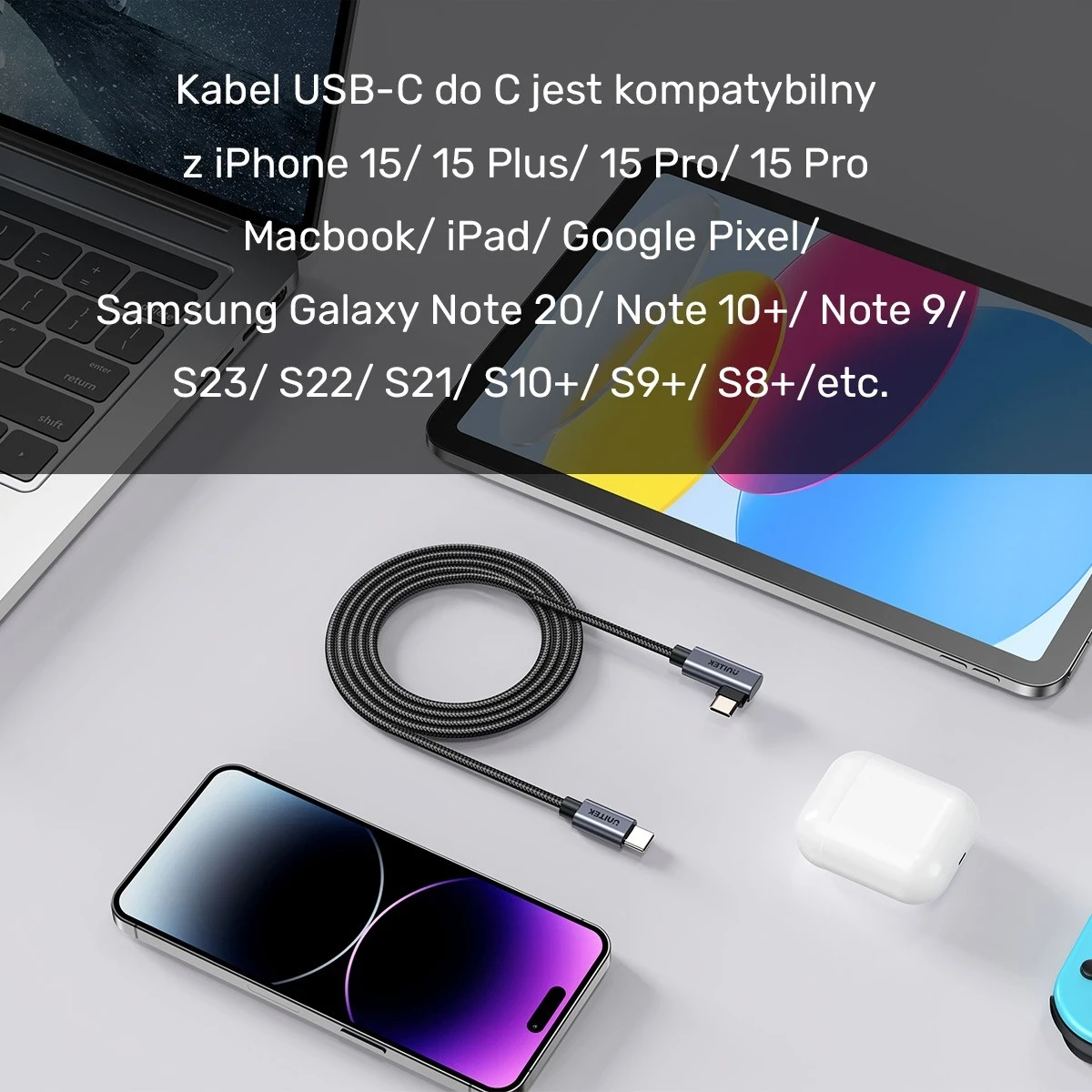 Kabull Unitek USB-C këndor 90° PD100W 3m, ngjyrë zi-hiri
