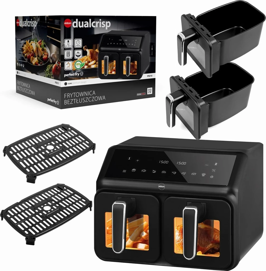 Fritezë me ajër të nxehtë ELDOM FR210 dualcrisp, 8 L, 2200 W, Ekran LED