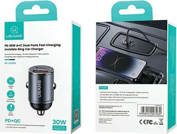 Karikues veture USAMS USA001368, 30W, 1xUSB + 1xUSB-C, Çelik