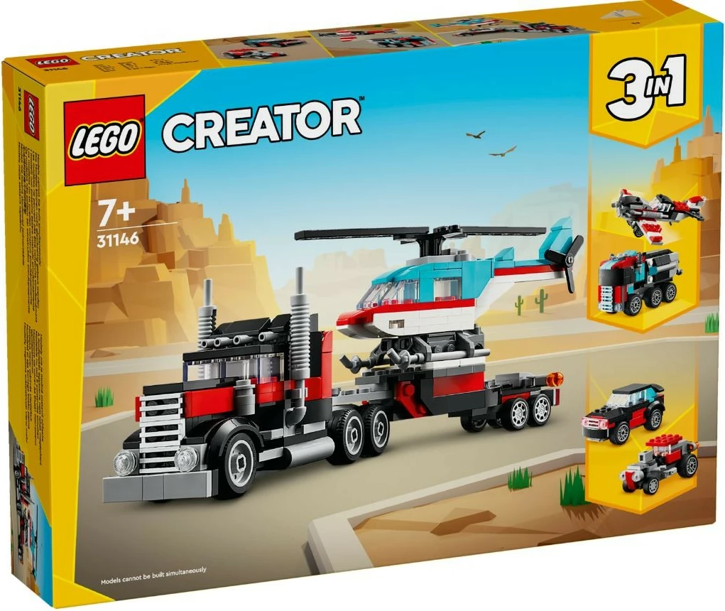Set lodrash LEGO Creator 3-në-1, 31146, kamion me platformë dhe helikopter, 270 pjesë