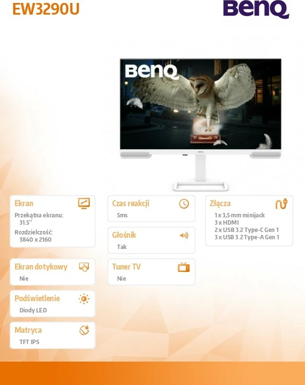 Monitor BenQ EW3290U, 32 inç, 4K, IPS, Bardhë
