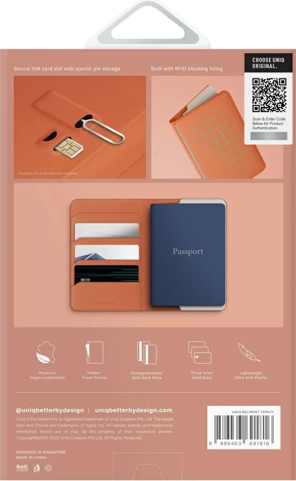 Mbështjellës pasaporte UNIQ Belmont me bllokim RFID, lëkurë vegane, Terrakotë/Ivory