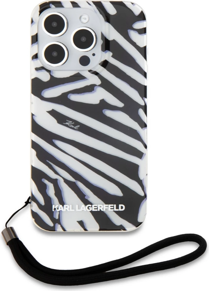Mbështjellës Karl Lagerfeld IML Zebra Pattern & Cord për iPhone 15 Pro Max, zi